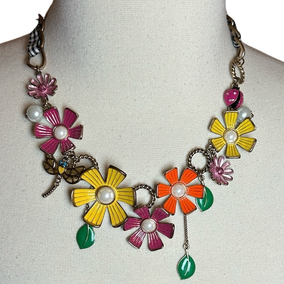 Betsey Johnson Jewelry - Betsey Johnson RARE Flower Garden Enamel and Rhinestone Gingham Ribbon necklace